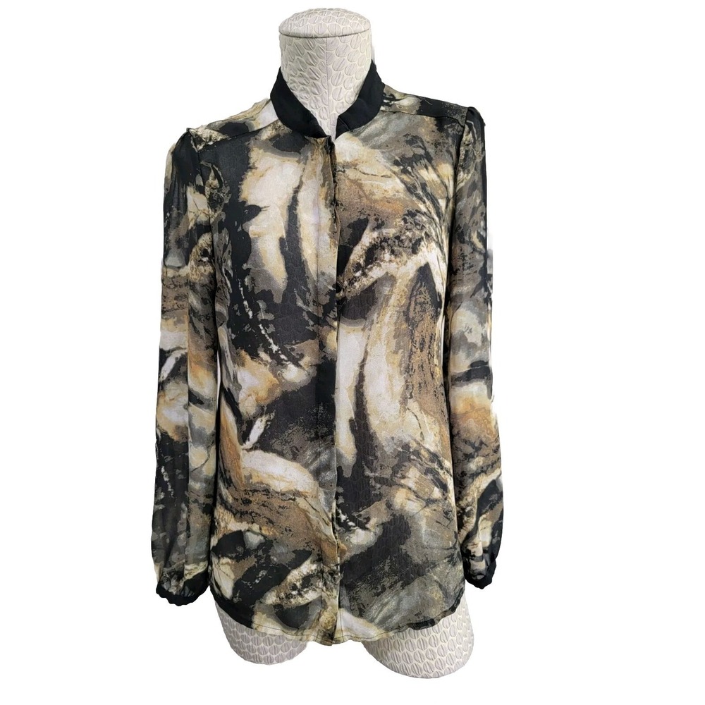 Vivienne Tam Blouse Womens 0 Tan Black Abstract Print Sheer Button Front Top